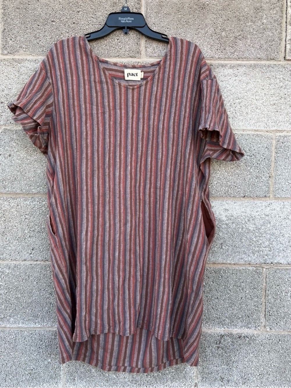 Pact XL Crush Easy Shirt Dress Organic Striped Knee Cotton Crinkle Gauze Pockets